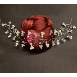 Accesoriu modern pentru decor par WED13 Argintiu cu cristale si perle de 35cm